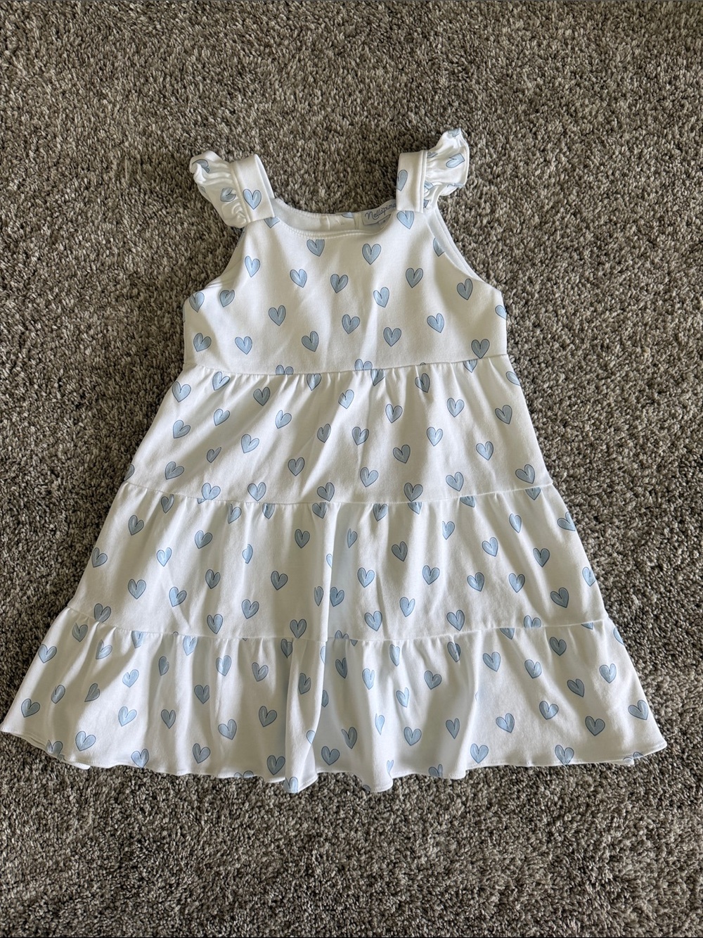 Girls White Tiered Pima Cotton Dress with Blue Heart Print